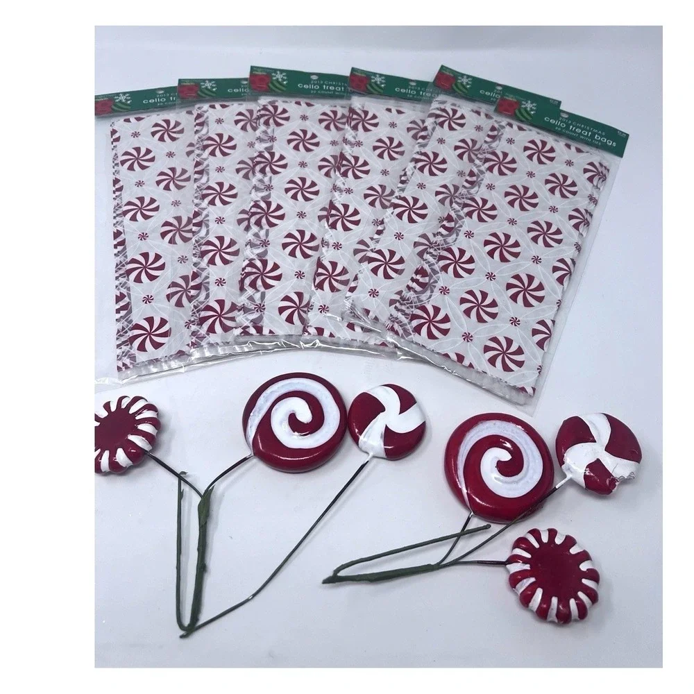 6 Packages Of Christmas Red Candy Cane Gift Bags Cellophane Treat Bags 120 Bags
